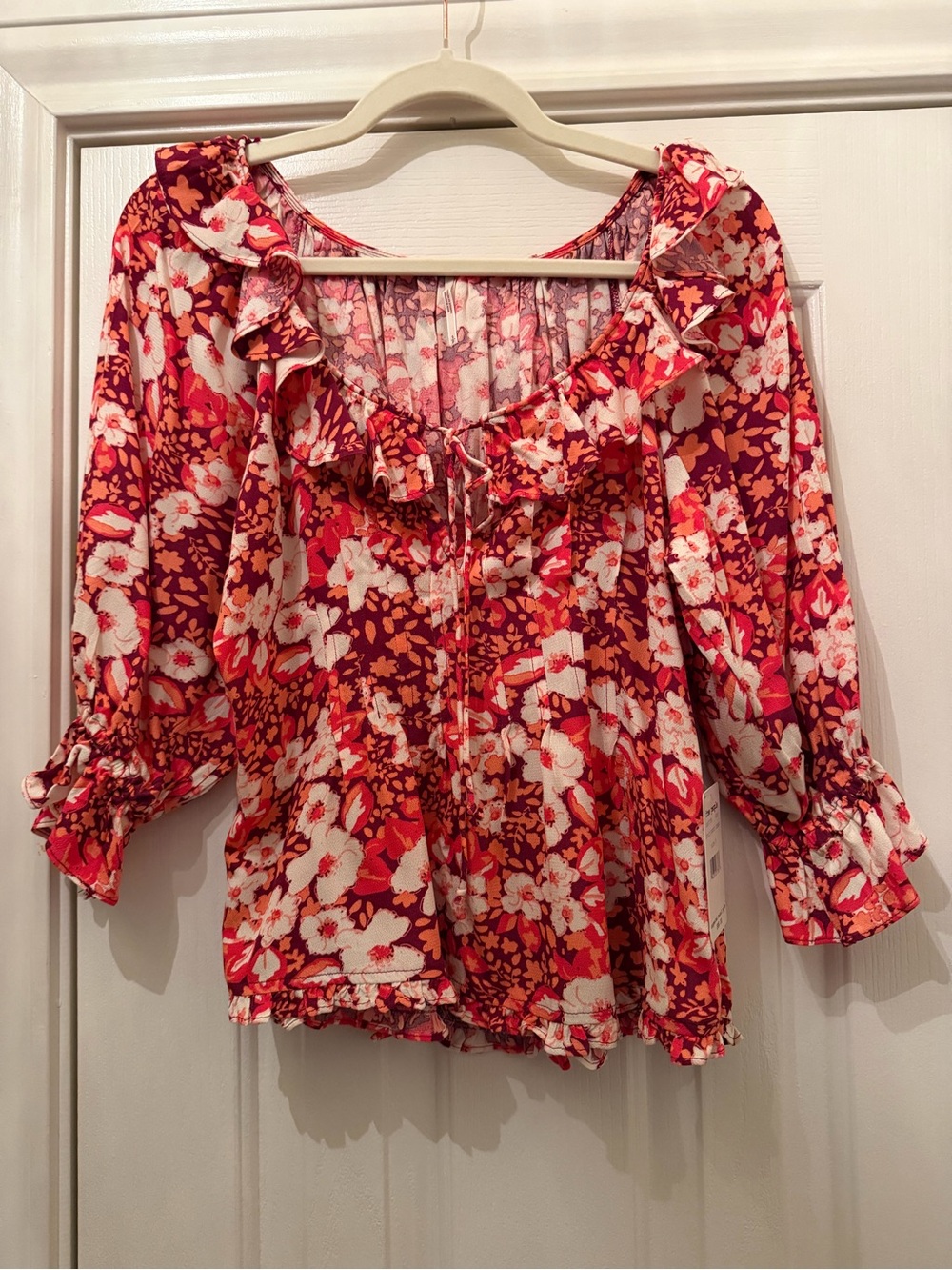 0004. Free People Floral Ruffle Blouse - Red, Pink, White